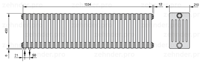 Схема (чертеж) Радиатор Zehnder Charleston 6045/29 №3370 Белый глянцевый RAL 9016